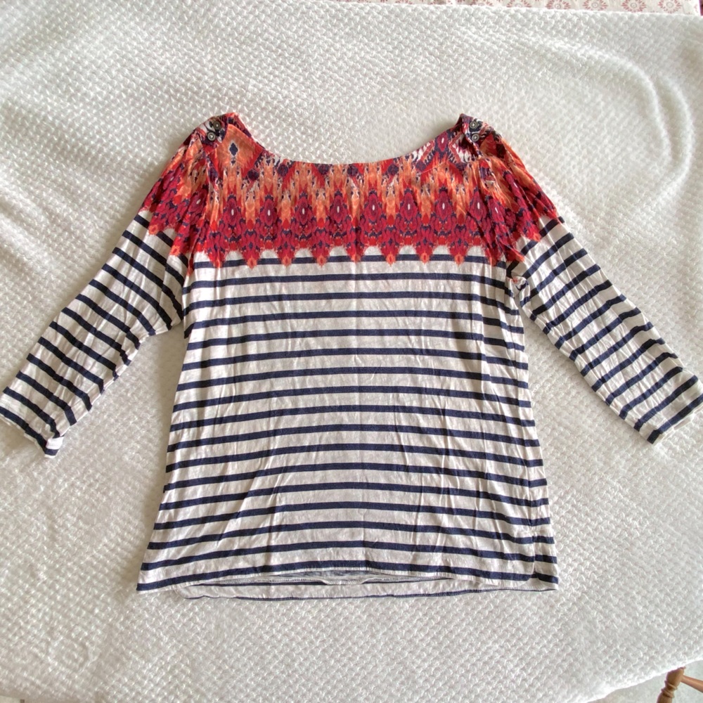 Lucky Brand Striped Floral Wide Neck Top